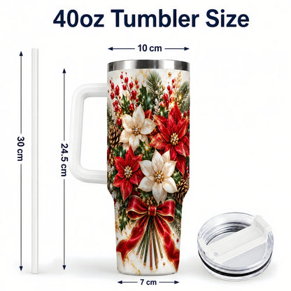 #pl[40oz|White] Red White Poinsettia 40oz Tumbler with Handle, Christmas Floral Design