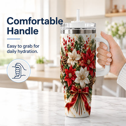 #pl[40oz|White] Red White Poinsettia 40oz Tumbler with Handle, Christmas Floral Design