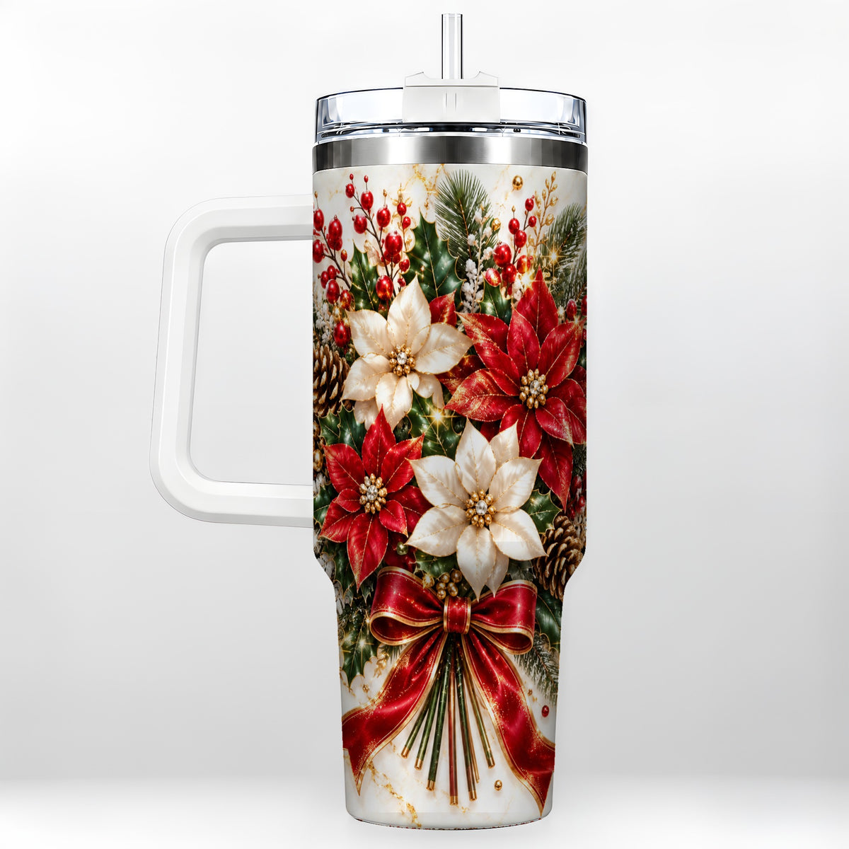 Red White Poinsettia 40oz Tumbler with Handle, Christmas Floral Design