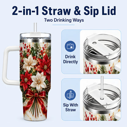 #pl[40oz|White] Red White Poinsettia 40oz Tumbler with Handle, Christmas Floral Design