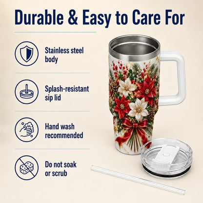 Red White Poinsettia 40oz Tumbler with Handle, Christmas Floral Design