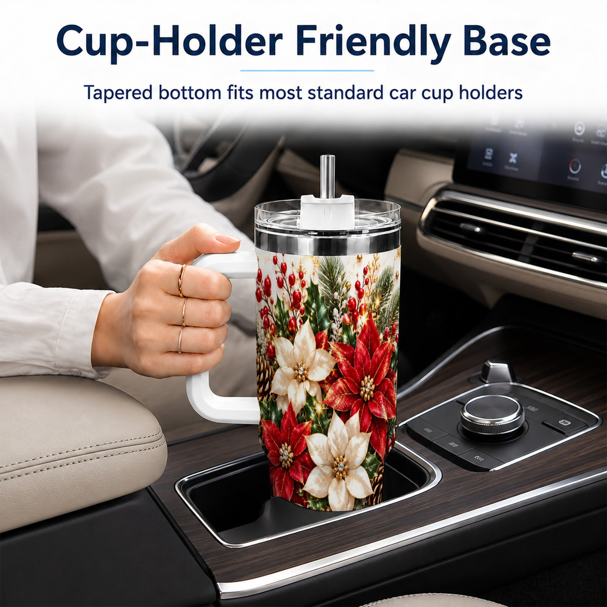Red White Poinsettia 40oz Tumbler with Handle, Christmas Floral Design