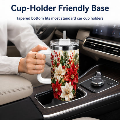 Red White Poinsettia 40oz Tumbler with Handle, Christmas Floral Design
