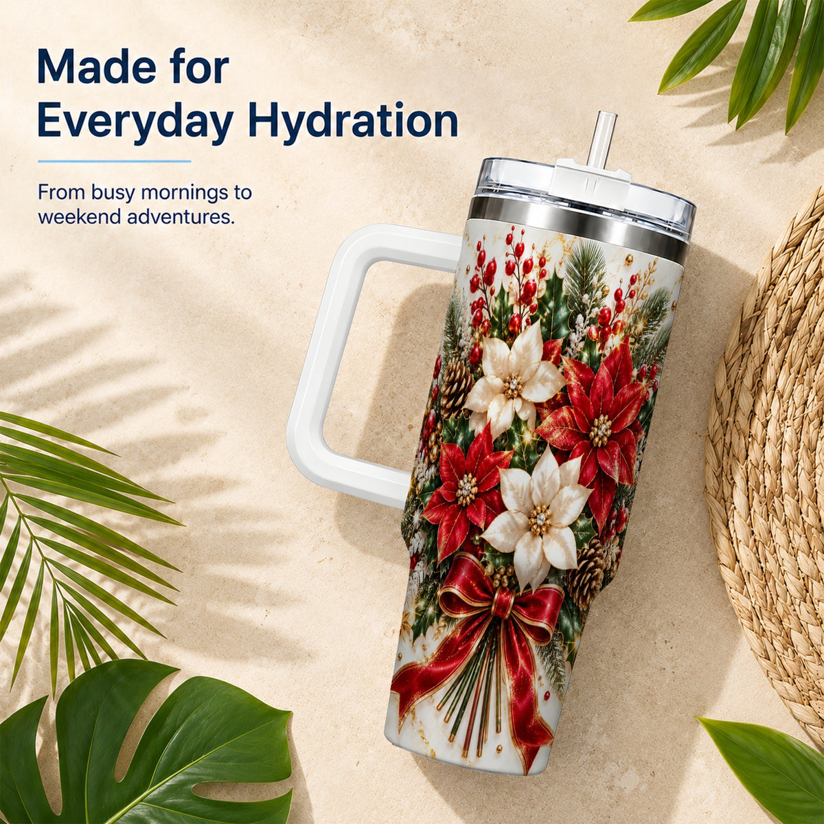 Red White Poinsettia 40oz Tumbler with Handle, Christmas Floral Design