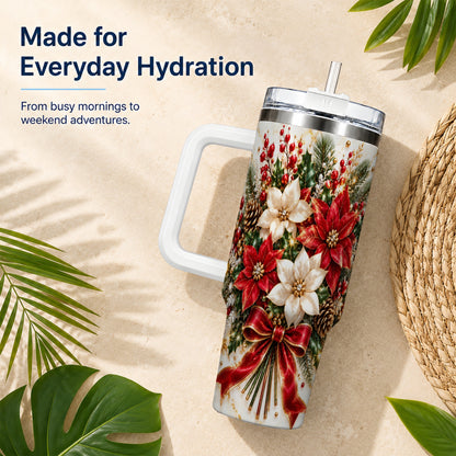 Red White Poinsettia 40oz Tumbler with Handle, Christmas Floral Design