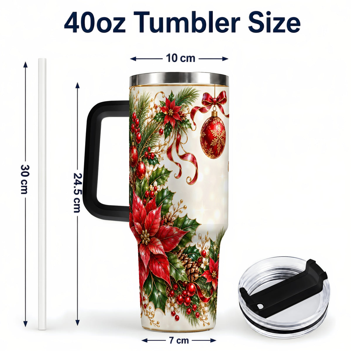 #pl[40oz|Black] Vintage Christmas 40oz Tumbler with Handle, Gold Floral Border Design