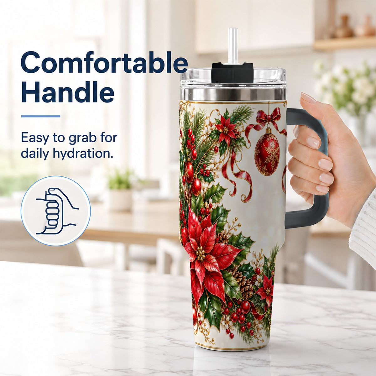 #pl[40oz|Black] Vintage Christmas 40oz Tumbler with Handle, Gold Floral Border Design