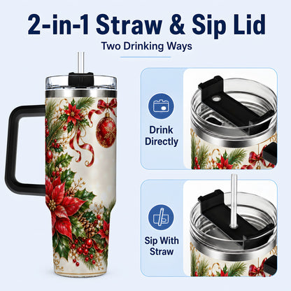 #pl[40oz|Black] Vintage Christmas 40oz Tumbler with Handle, Gold Floral Border Design