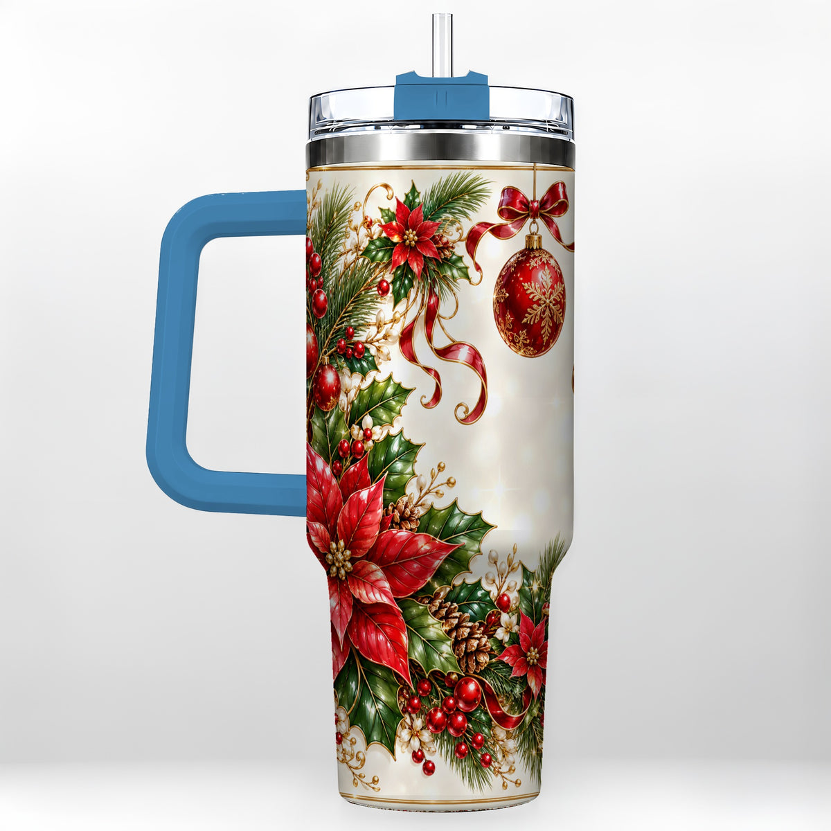 #pl[40oz|Blue] Vintage Christmas 40oz Tumbler with Handle, Gold Floral Border Design