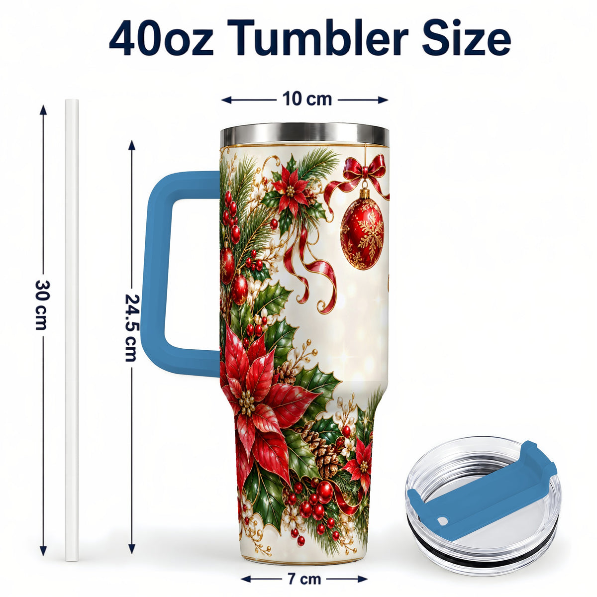 #pl[40oz|Blue] Vintage Christmas 40oz Tumbler with Handle, Gold Floral Border Design