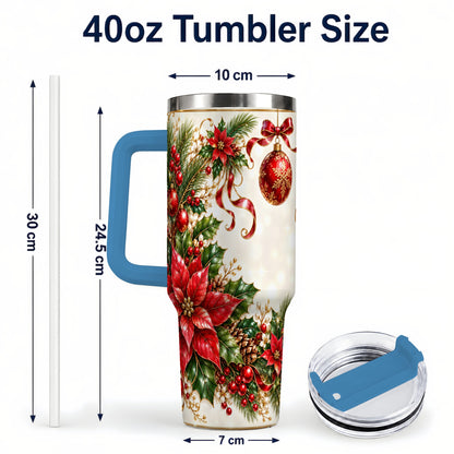 #pl[40oz|Blue] Vintage Christmas 40oz Tumbler with Handle, Gold Floral Border Design