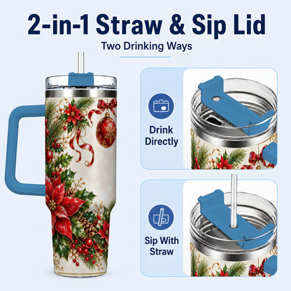 #pl[40oz|Blue] Vintage Christmas 40oz Tumbler with Handle, Gold Floral Border Design