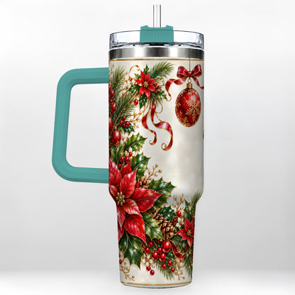 #pl[40oz|Green] Vintage Christmas 40oz Tumbler with Handle, Gold Floral Border Design