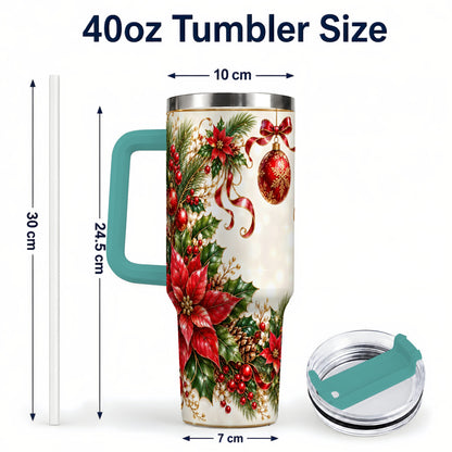 #pl[40oz|Green] Vintage Christmas 40oz Tumbler with Handle, Gold Floral Border Design