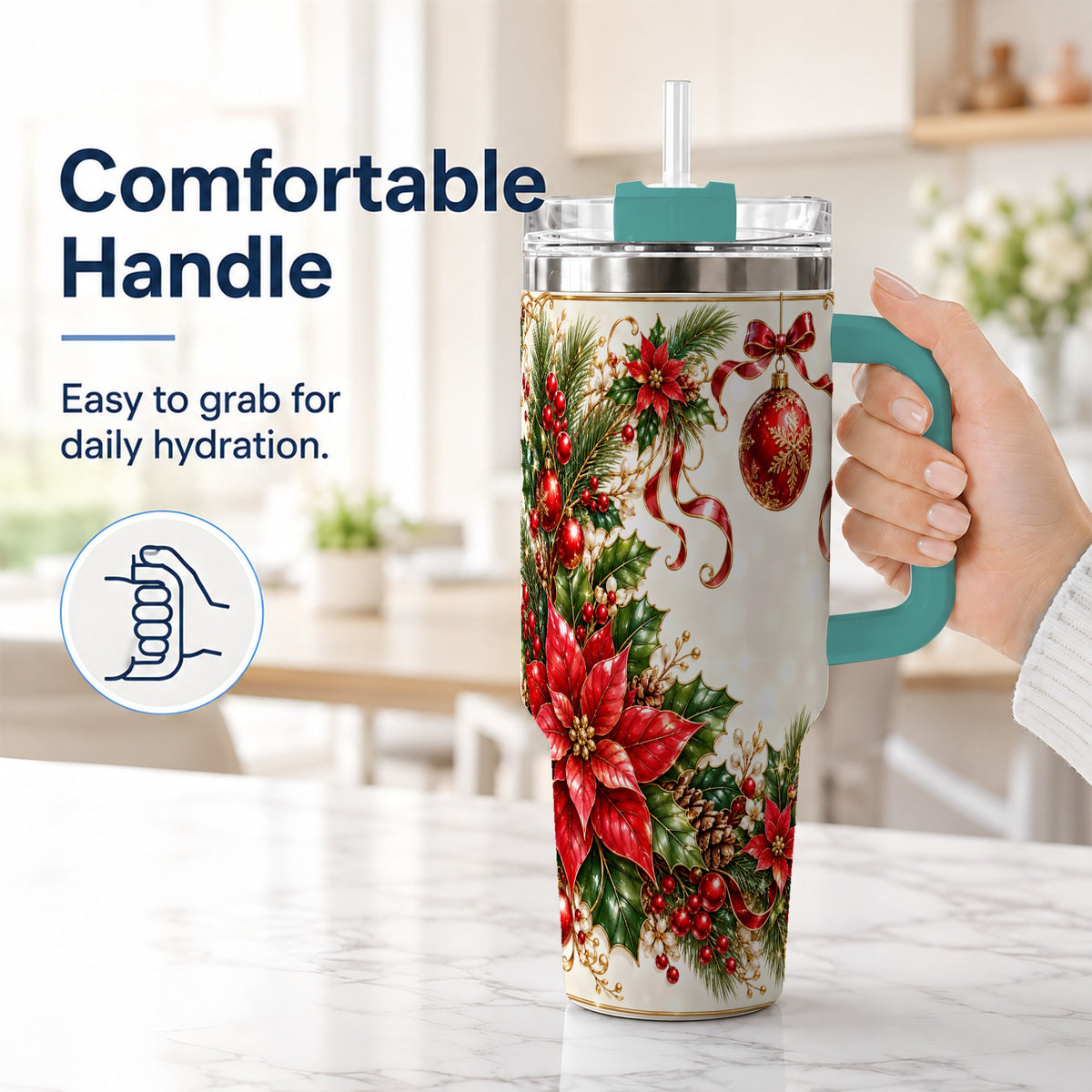 #pl[40oz|Green] Vintage Christmas 40oz Tumbler with Handle, Gold Floral Border Design