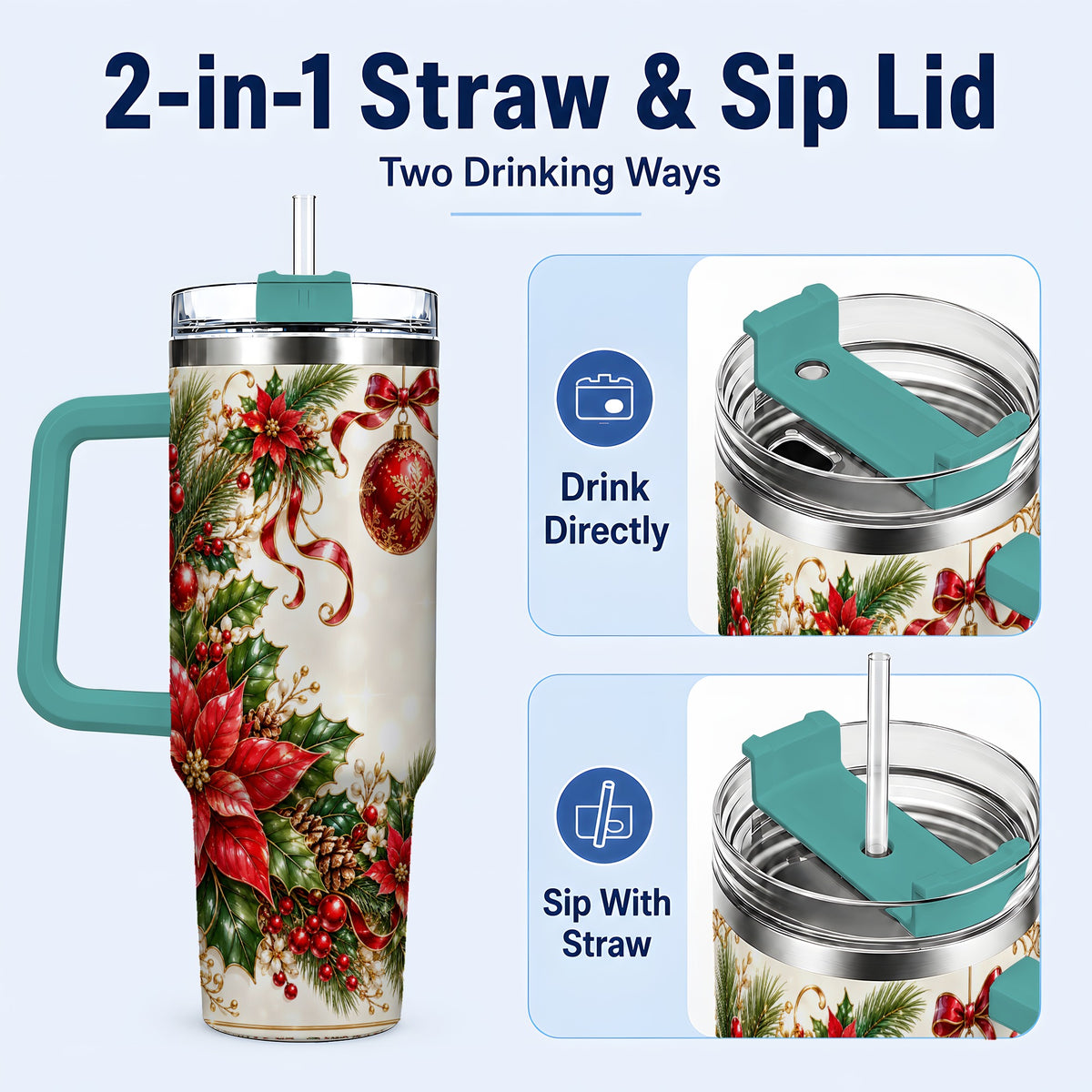 #pl[40oz|Green] Vintage Christmas 40oz Tumbler with Handle, Gold Floral Border Design