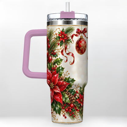#pl[40oz|Pink] Vintage Christmas 40oz Tumbler with Handle, Gold Floral Border Design