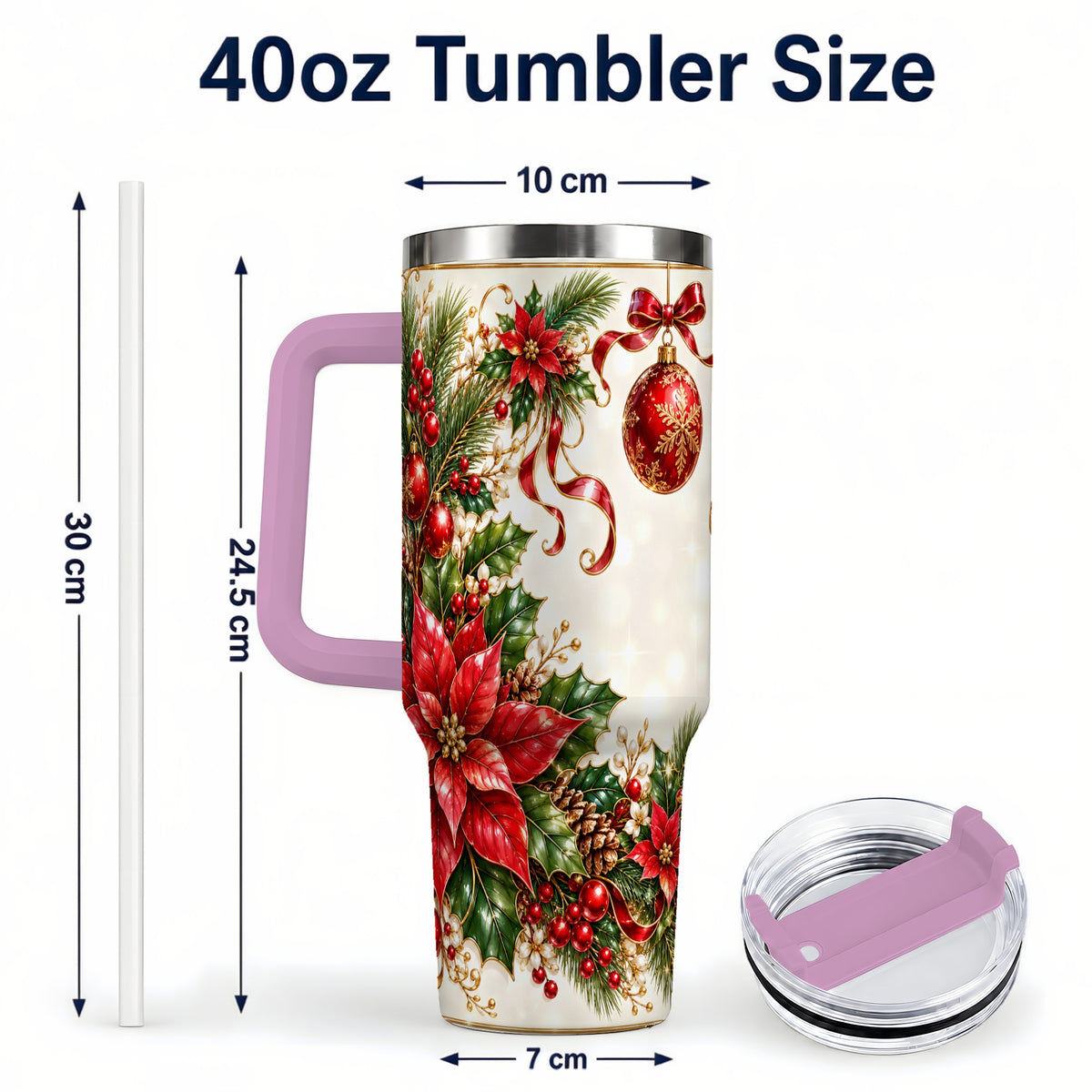 #pl[40oz|Pink] Vintage Christmas 40oz Tumbler with Handle, Gold Floral Border Design