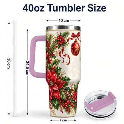 #pl[40oz|Pink] Vintage Christmas 40oz Tumbler with Handle, Gold Floral Border Design