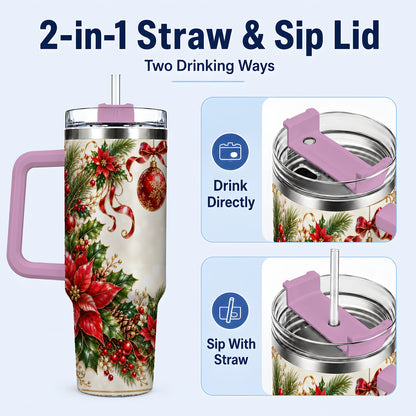 #pl[40oz|Pink] Vintage Christmas 40oz Tumbler with Handle, Gold Floral Border Design