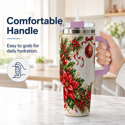 #pl[40oz|Pink] Vintage Christmas 40oz Tumbler with Handle, Gold Floral Border Design