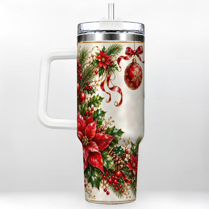 Vintage Christmas 40oz Tumbler with Handle, Gold Floral Border Design