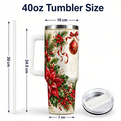 #pl[40oz|White] Vintage Christmas 40oz Tumbler with Handle, Gold Floral Border Design