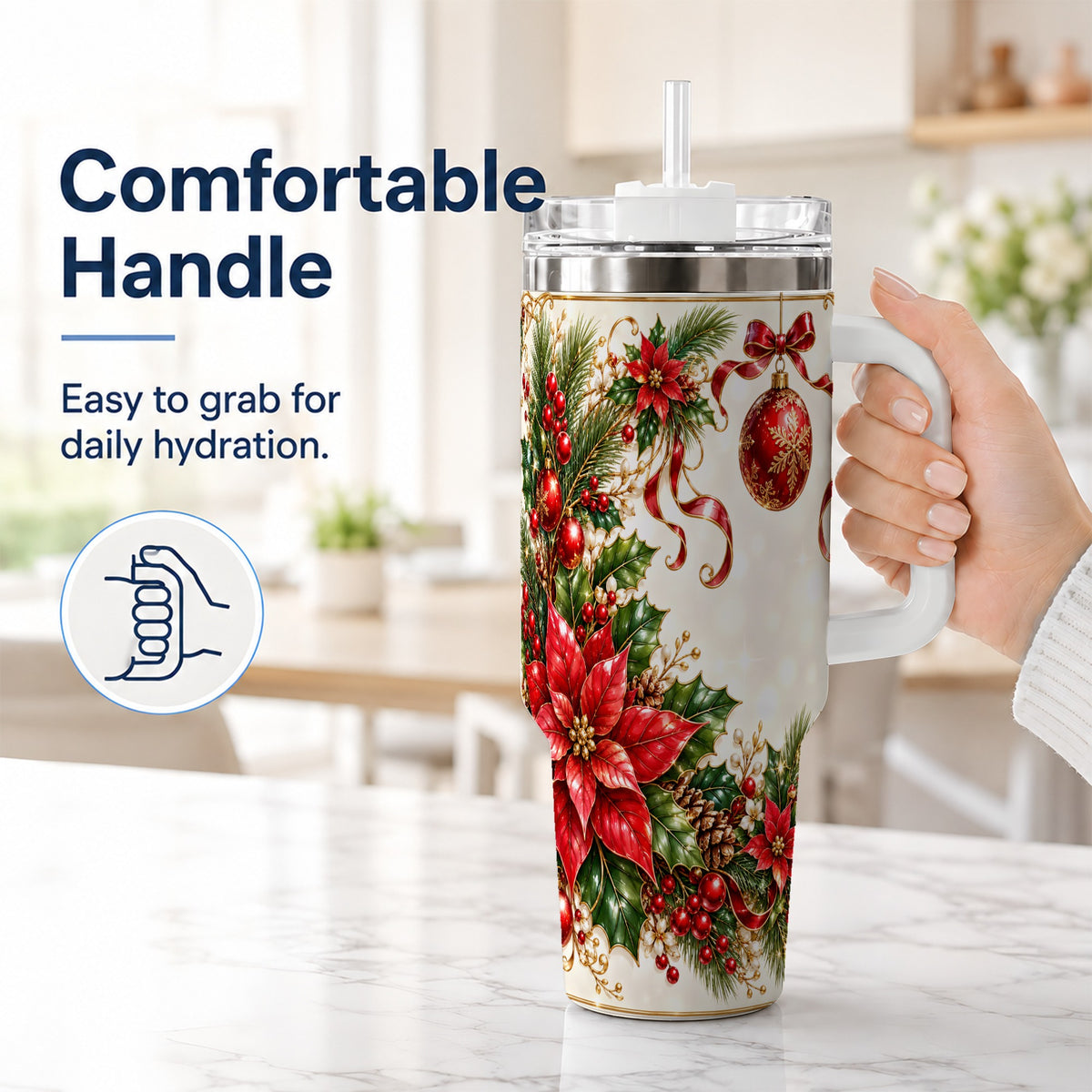 #pl[40oz|White] Vintage Christmas 40oz Tumbler with Handle, Gold Floral Border Design