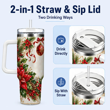#pl[40oz|White] Vintage Christmas 40oz Tumbler with Handle, Gold Floral Border Design
