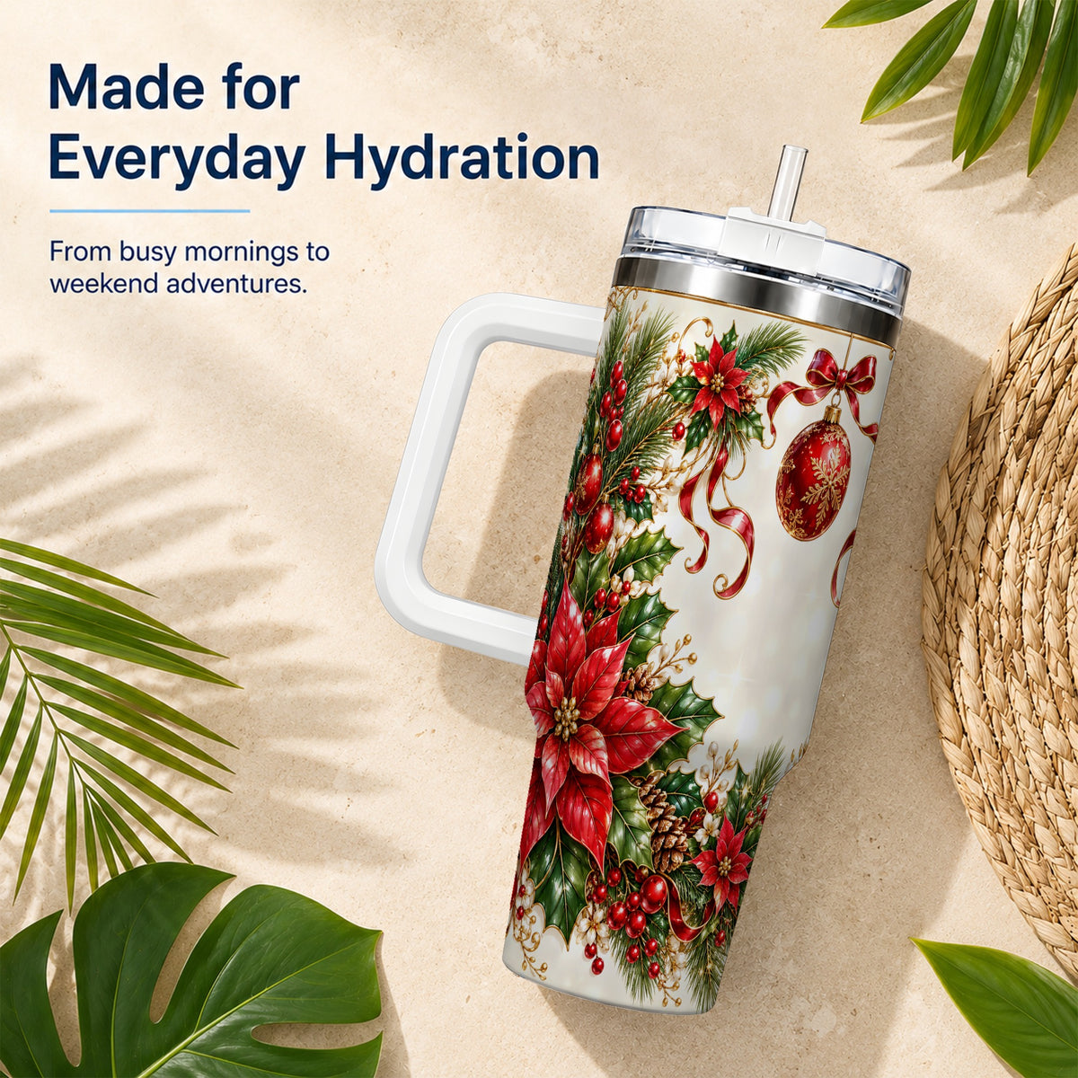 Vintage Christmas 40oz Tumbler with Handle, Gold Floral Border Design