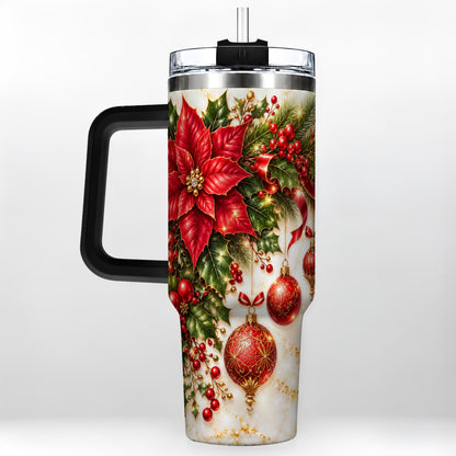 #pl[40oz|Black] Christmas Ornaments 40oz Tumbler with Handle, Red Gold Floral Design