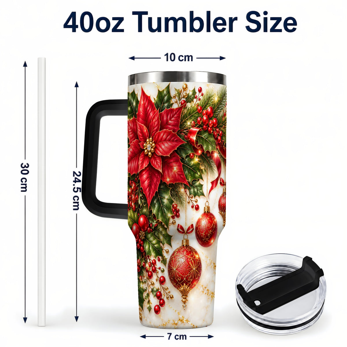 #pl[40oz|Black] Christmas Ornaments 40oz Tumbler with Handle, Red Gold Floral Design