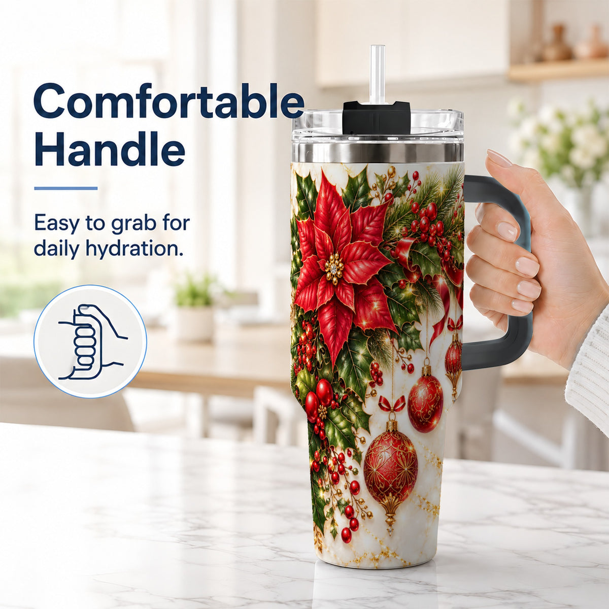 #pl[40oz|Black] Christmas Ornaments 40oz Tumbler with Handle, Red Gold Floral Design
