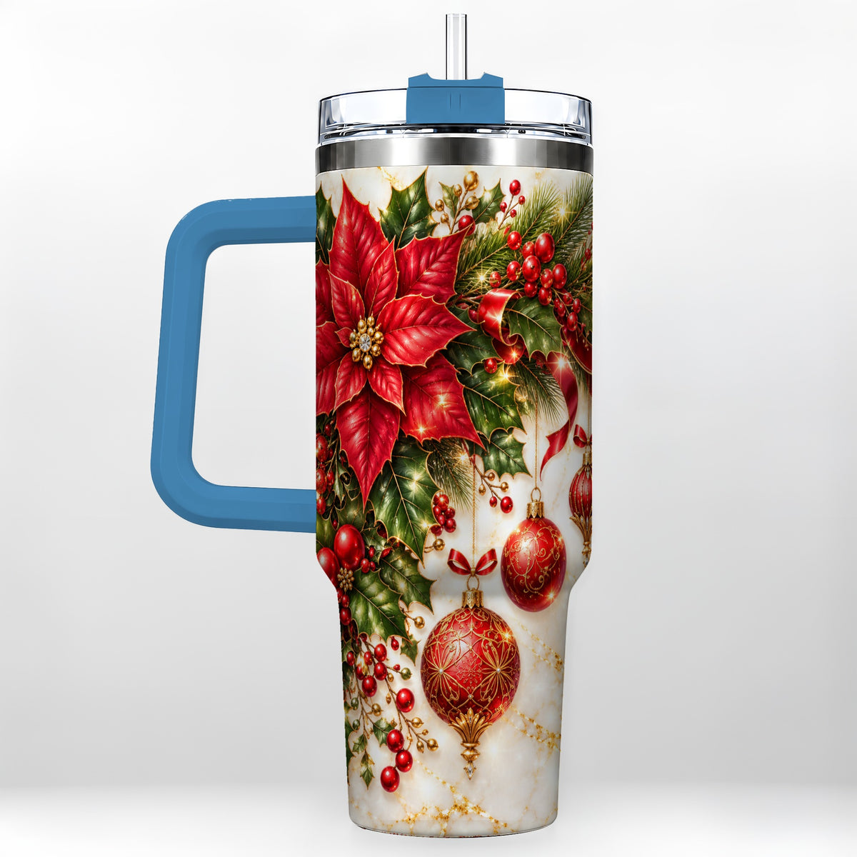 #pl[40oz|Blue] Christmas Ornaments 40oz Tumbler with Handle, Red Gold Floral Design