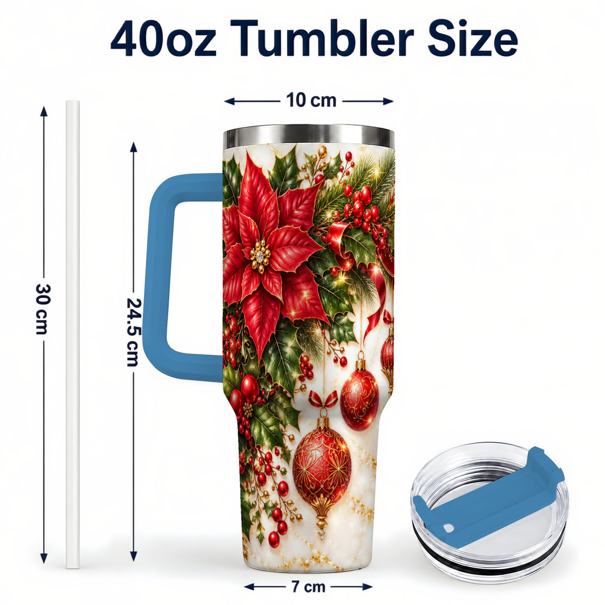 #pl[40oz|Blue] Christmas Ornaments 40oz Tumbler with Handle, Red Gold Floral Design