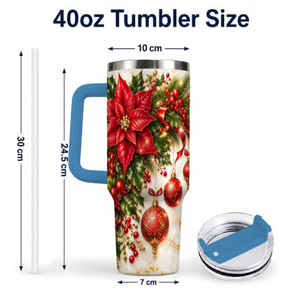 #pl[40oz|Blue] Christmas Ornaments 40oz Tumbler with Handle, Red Gold Floral Design
