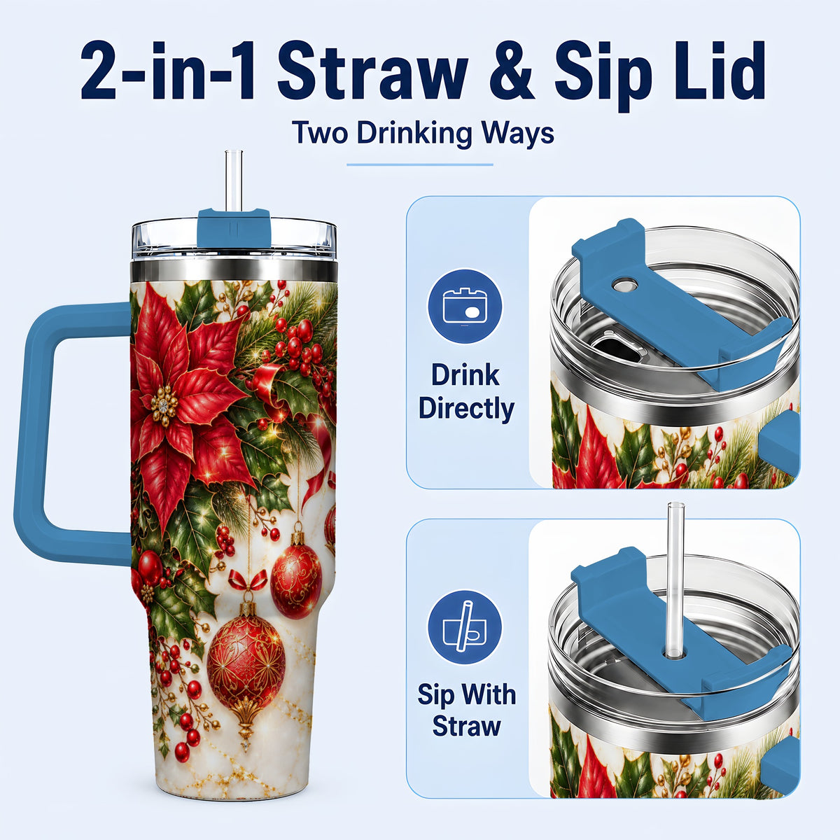 #pl[40oz|Blue] Christmas Ornaments 40oz Tumbler with Handle, Red Gold Floral Design
