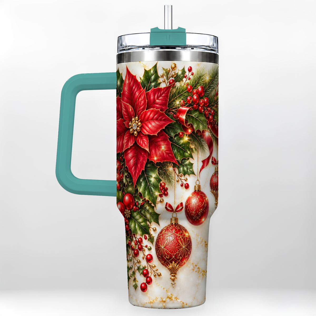 #pl[40oz|Green] Christmas Ornaments 40oz Tumbler with Handle, Red Gold Floral Design