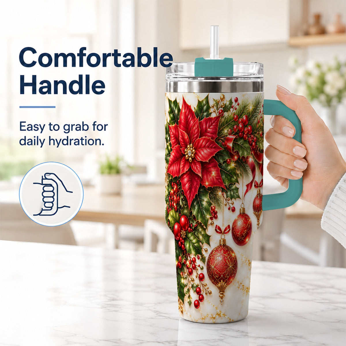#pl[40oz|Green] Christmas Ornaments 40oz Tumbler with Handle, Red Gold Floral Design