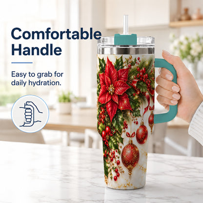 #pl[40oz|Green] Christmas Ornaments 40oz Tumbler with Handle, Red Gold Floral Design