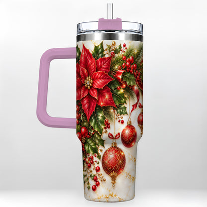 #pl[40oz|Pink] Christmas Ornaments 40oz Tumbler with Handle, Red Gold Floral Design