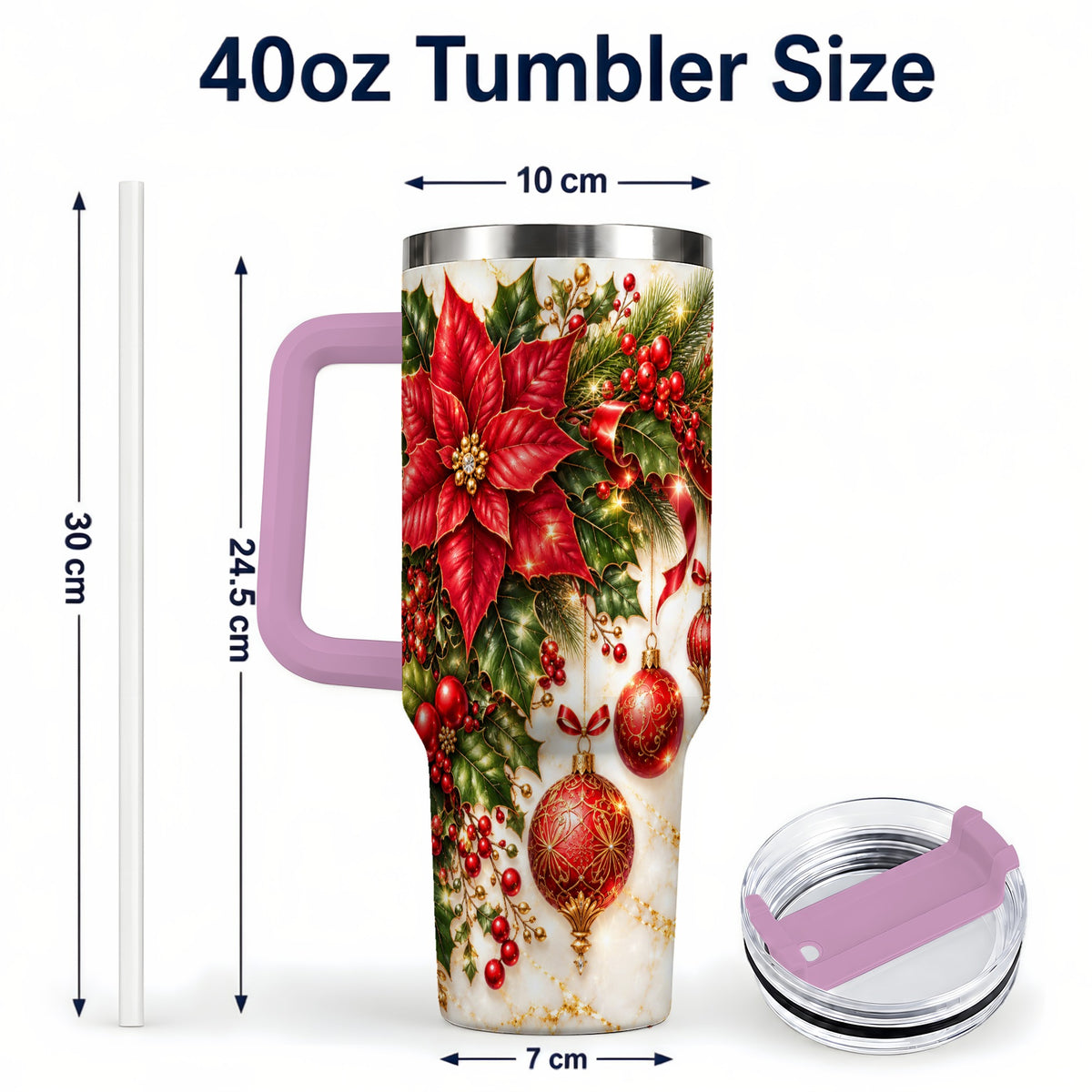 #pl[40oz|Pink] Christmas Ornaments 40oz Tumbler with Handle, Red Gold Floral Design