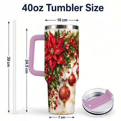 #pl[40oz|Pink] Christmas Ornaments 40oz Tumbler with Handle, Red Gold Floral Design