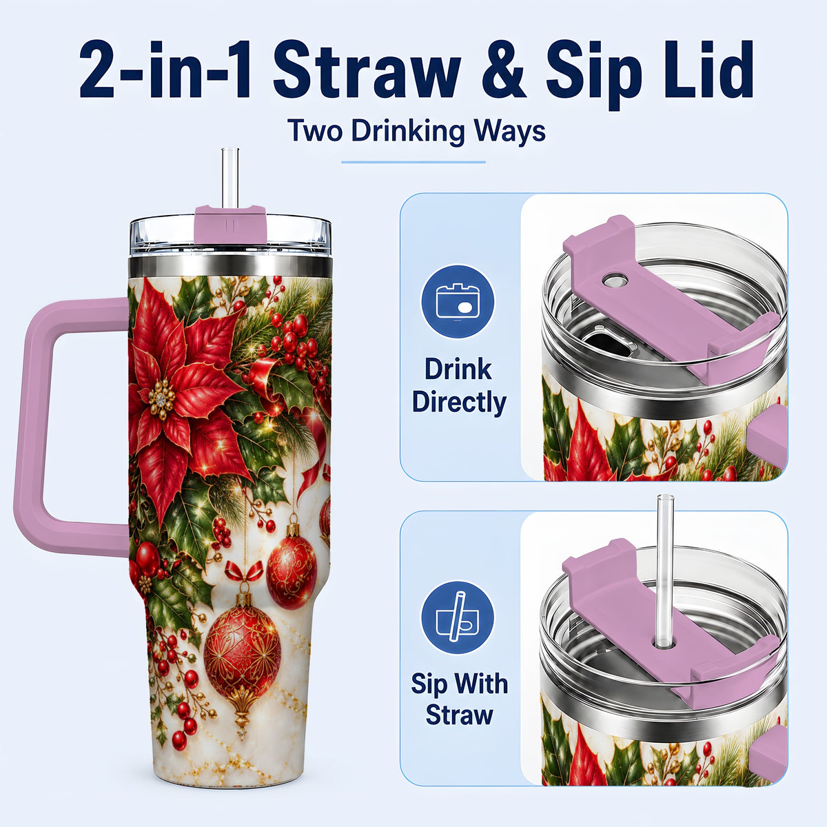 #pl[40oz|Pink] Christmas Ornaments 40oz Tumbler with Handle, Red Gold Floral Design