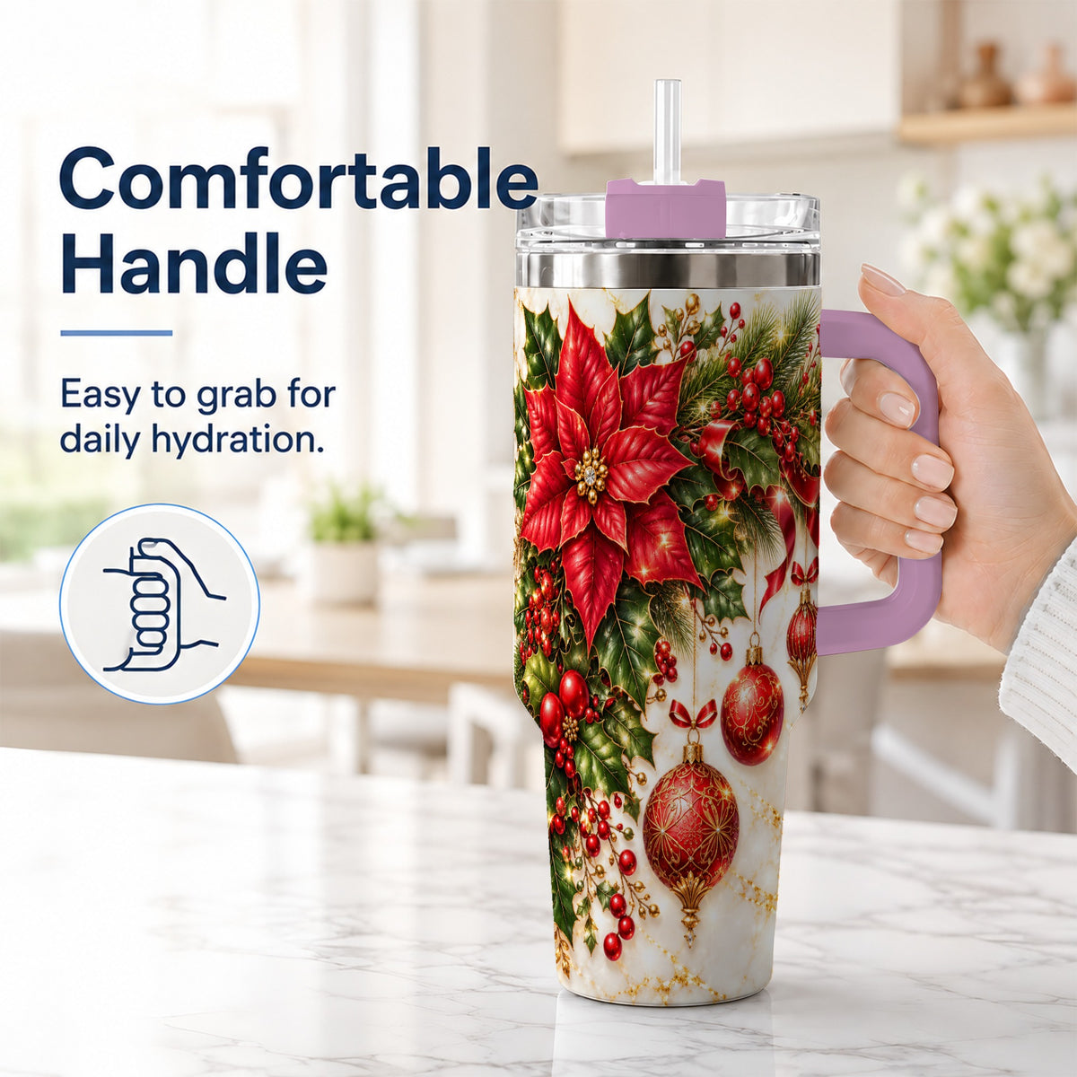 #pl[40oz|Pink] Christmas Ornaments 40oz Tumbler with Handle, Red Gold Floral Design