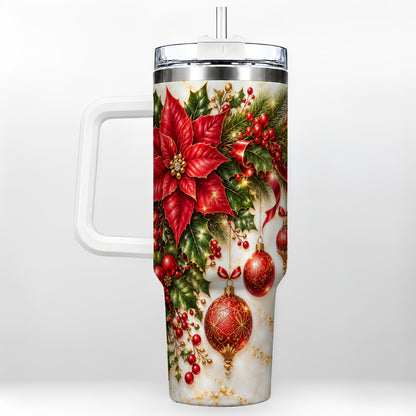 Christmas Ornaments 40oz Tumbler with Handle, Red Gold Floral Design