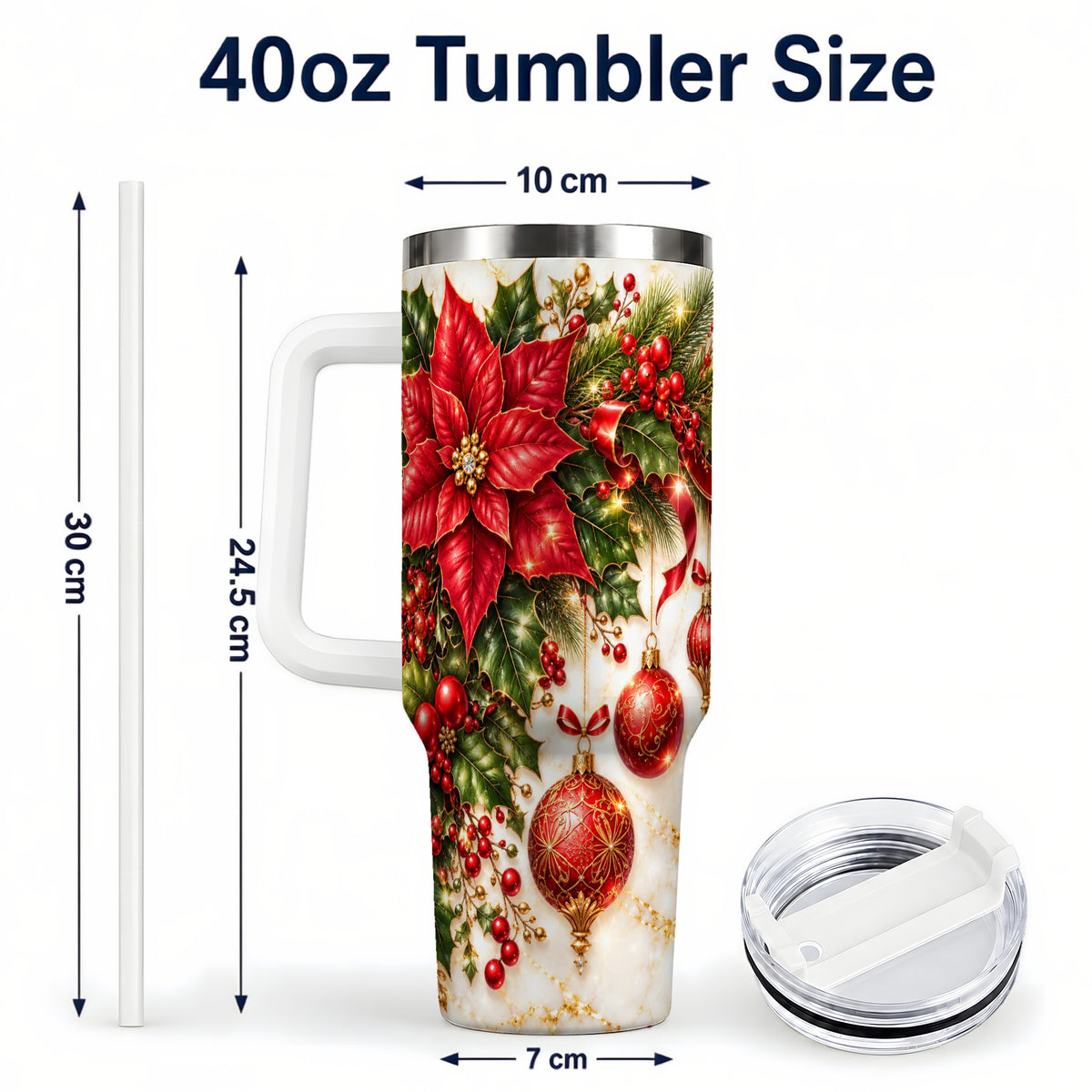 #pl[40oz|White] Christmas Ornaments 40oz Tumbler with Handle, Red Gold Floral Design