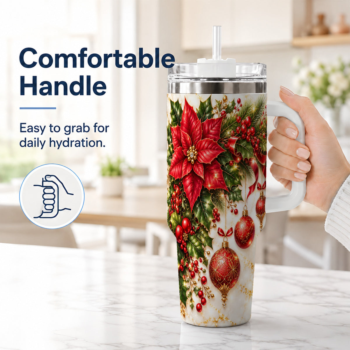 #pl[40oz|White] Christmas Ornaments 40oz Tumbler with Handle, Red Gold Floral Design
