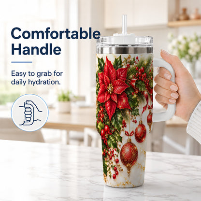 #pl[40oz|White] Christmas Ornaments 40oz Tumbler with Handle, Red Gold Floral Design