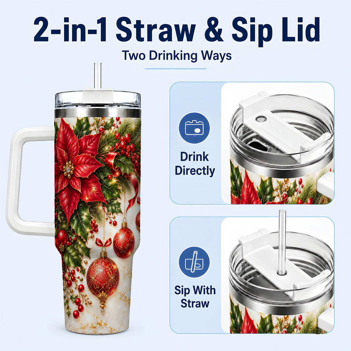 #pl[40oz|White] Christmas Ornaments 40oz Tumbler with Handle, Red Gold Floral Design